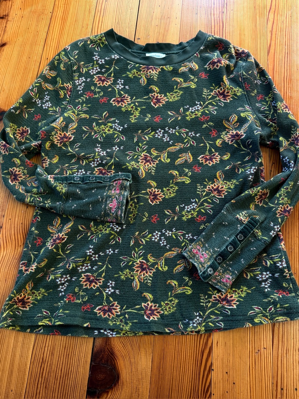 Sundance XL Thermal Waffle Top Green Floral Cottagecore Velvet trim cuff